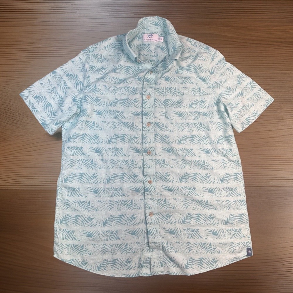 Southern Tide Mens M Linen Blend‎ Tropical Shirt Short Sleeve Beach Coastal Palm